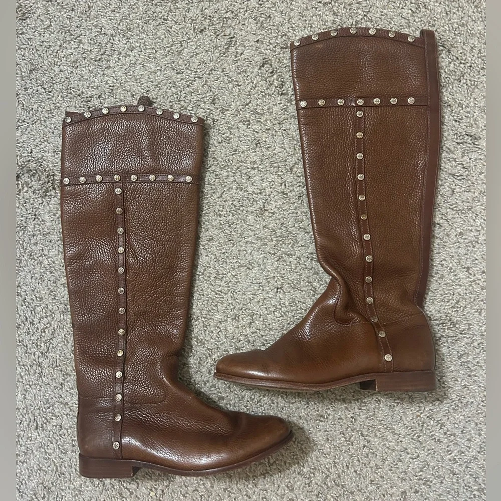 Tory Burch Mae Gold Studs Brown Pebble Leather Tall Riding Boots Women's Size 6
